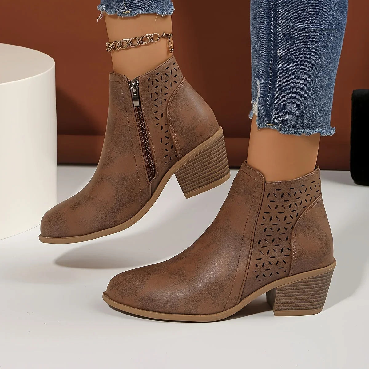 Women's supportive ankle boots with laser-cut detailing – Brown
