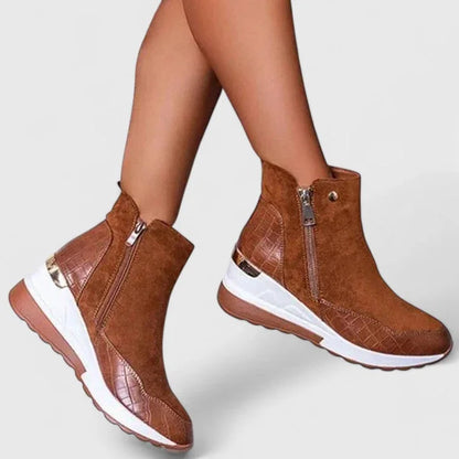 Women's suede wedge ankle boots with non-slip sole – Brown