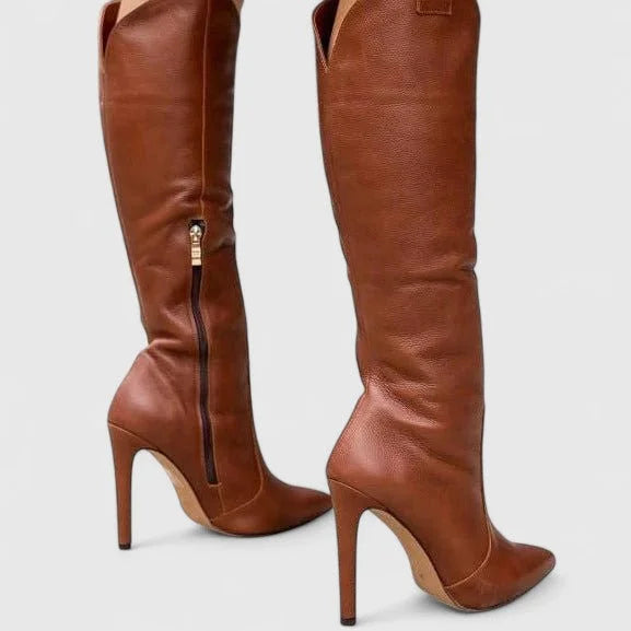 Women's cushioned leather calf boots with pointed toe – Brown Leather