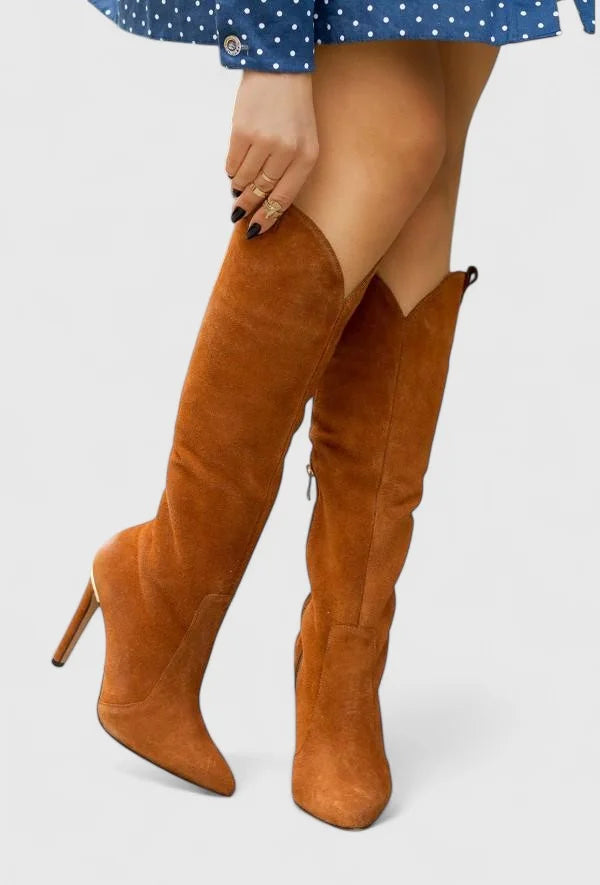 Women's cushioned leather calf boots with pointed toe – Brown Suede