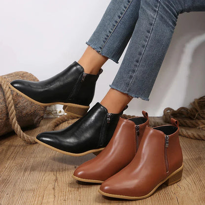 Women's cushioned ankle boots with block heel and side zipper