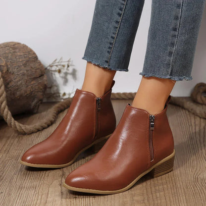 Women's cushioned ankle boots with block heel and side zipper