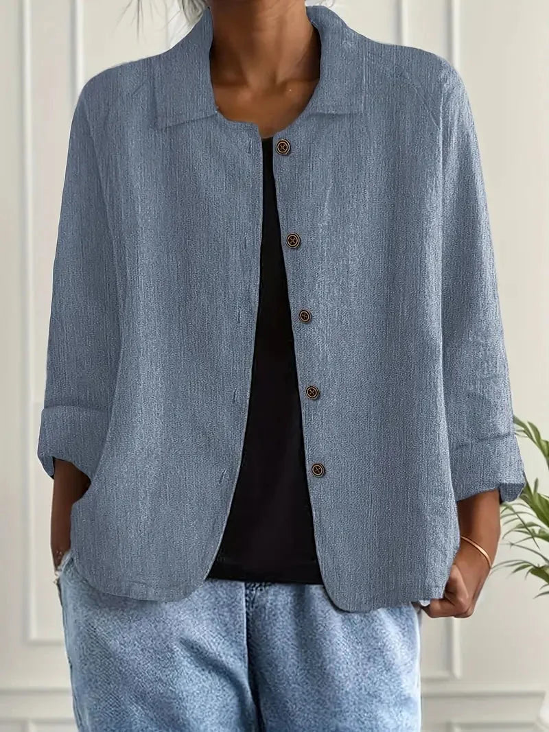 Women's oversized button-front blazer with spread collar – Blue
