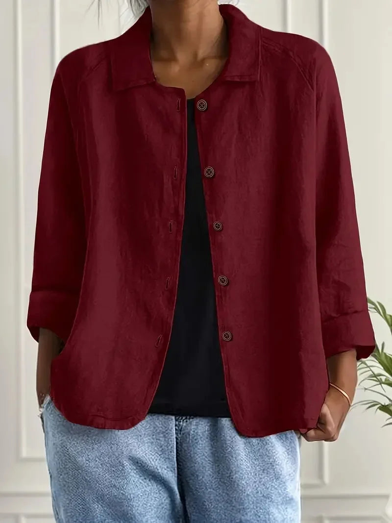 Women's oversized button-front blazer with spread collar – Burgundy