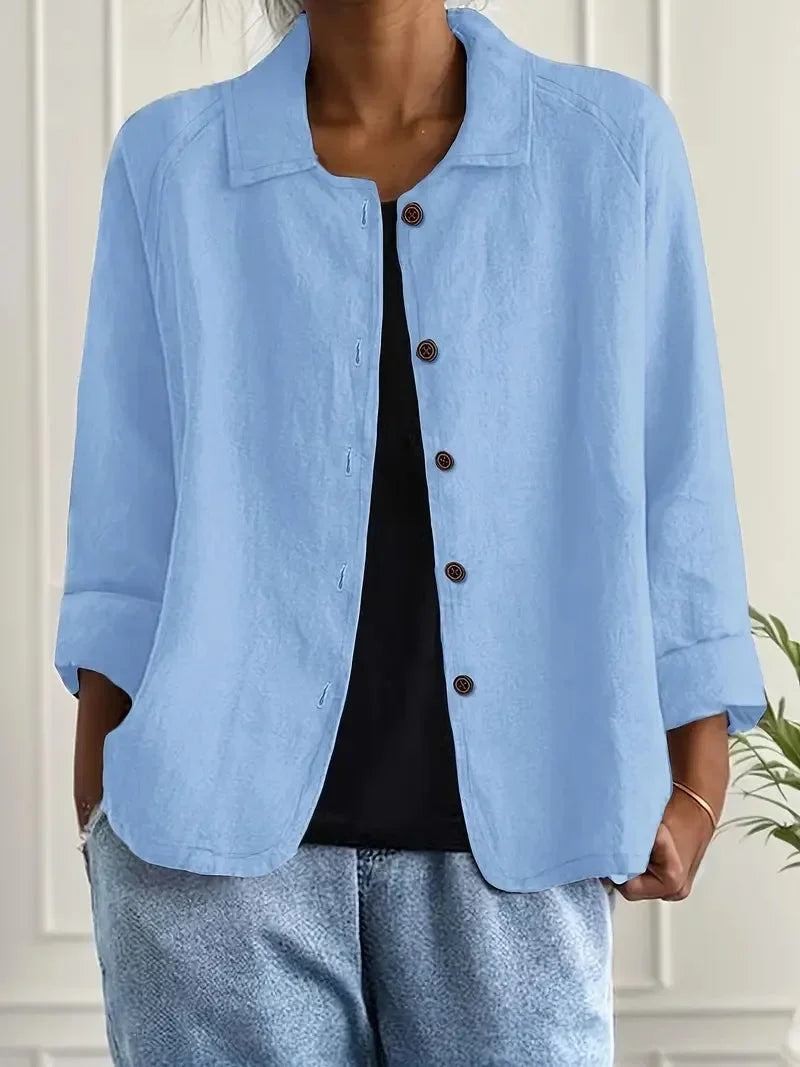 Women's oversized button-front blazer with spread collar – Light Blue