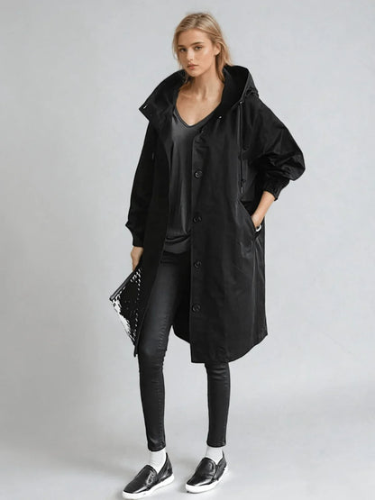 Women's oversized button-down trench coat with relaxed fit – Black