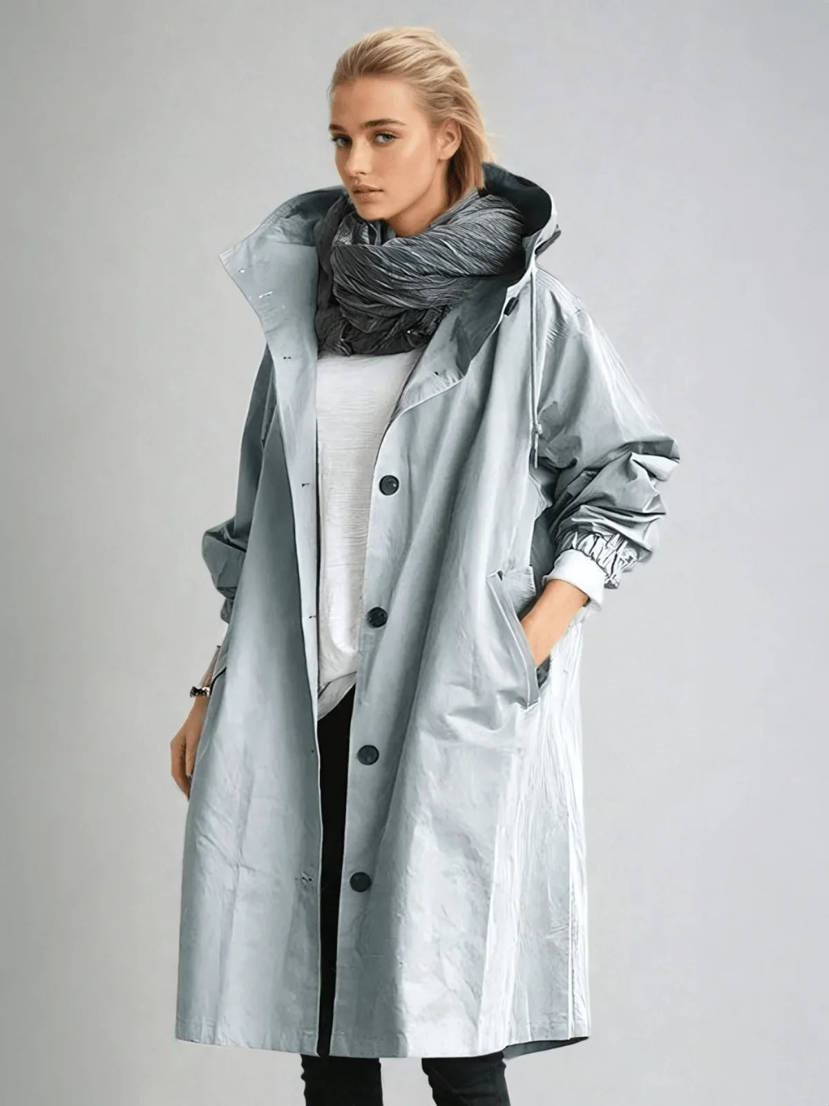 Women's oversized button-down trench coat with relaxed fit – Light Blue