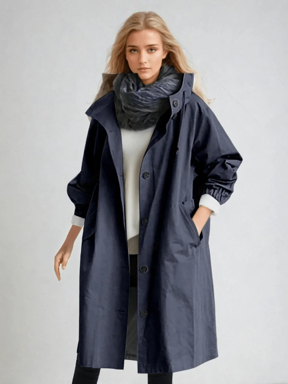 Women's oversized button-down trench coat with relaxed fit – Navy Blue