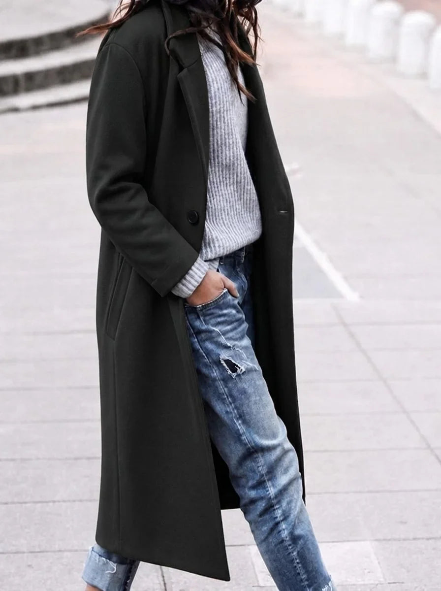 Women's oversized button-up trench coat with lapel collar – Black