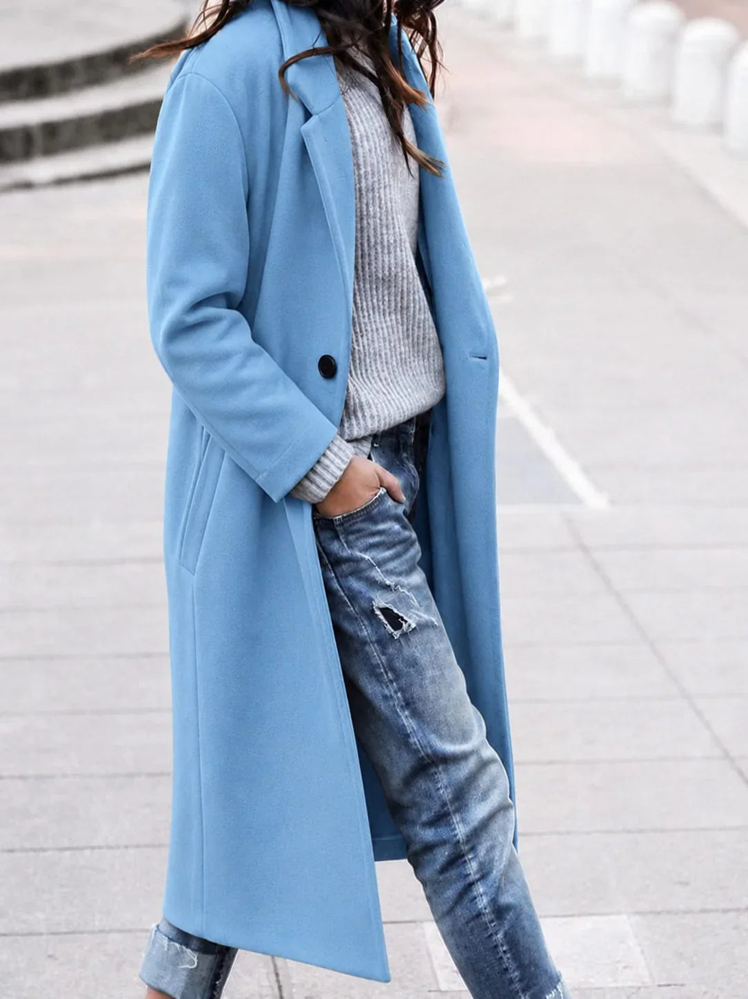 Women's oversized button-up trench coat with lapel collar – Blue