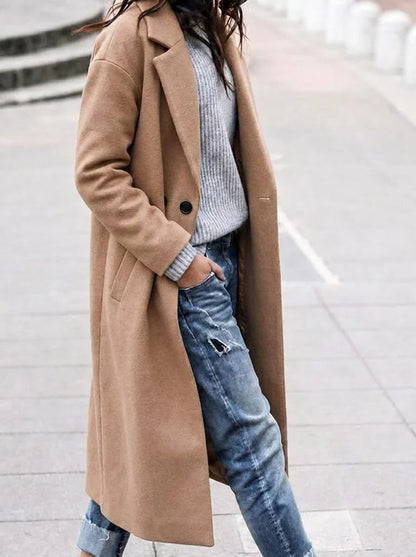 Women's oversized button-up trench coat with lapel collar – Khaki