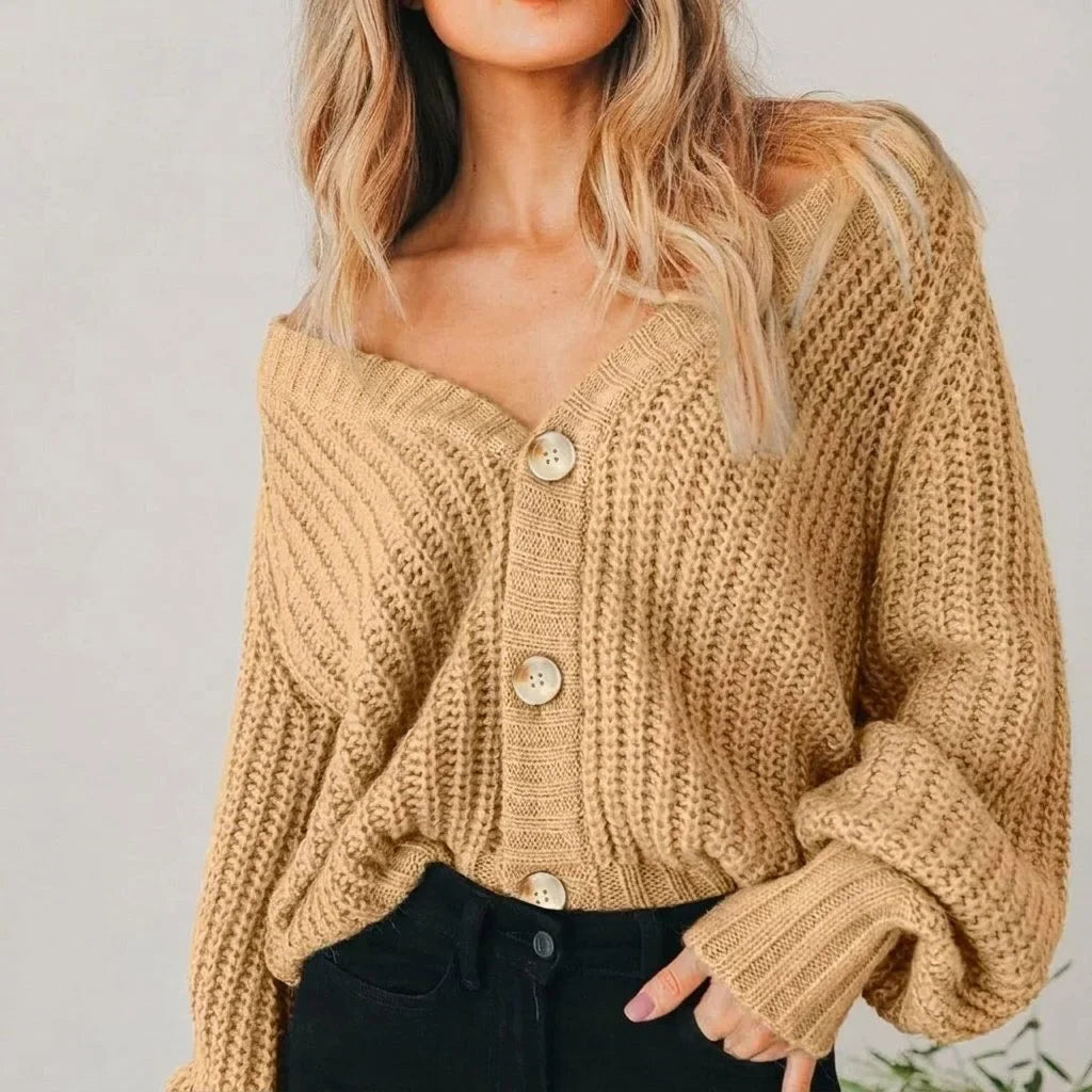 Women's oversized cardigan with V-neck and balloon sleeves