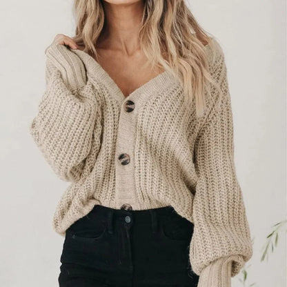Women's oversized cardigan with V-neck and balloon sleeves – Beige