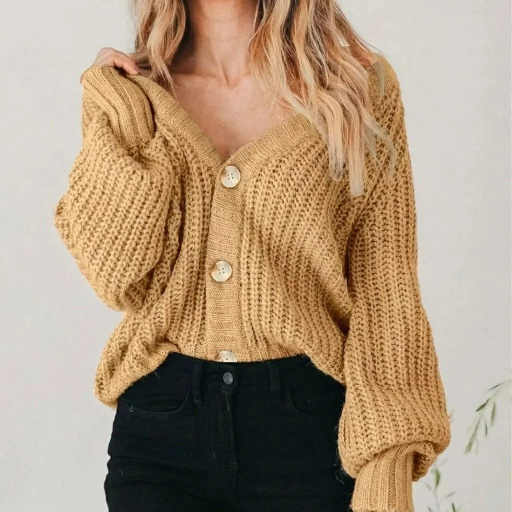 Women's oversized cardigan with V-neck and balloon sleeves – Khaki