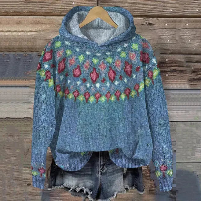 Women's oversized Fair Isle hoodie sweater with geometric print – Blue