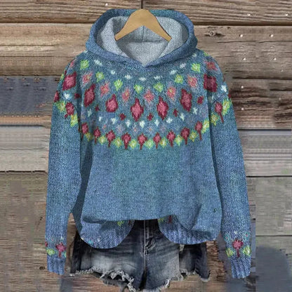 Women's oversized Fair Isle hoodie sweater with geometric print – Blue