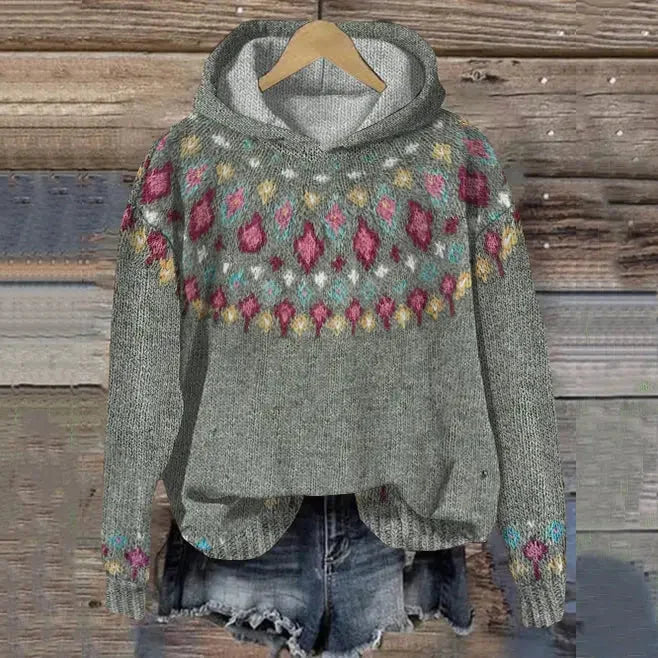 Women's oversized Fair Isle hoodie sweater with geometric print – Gray