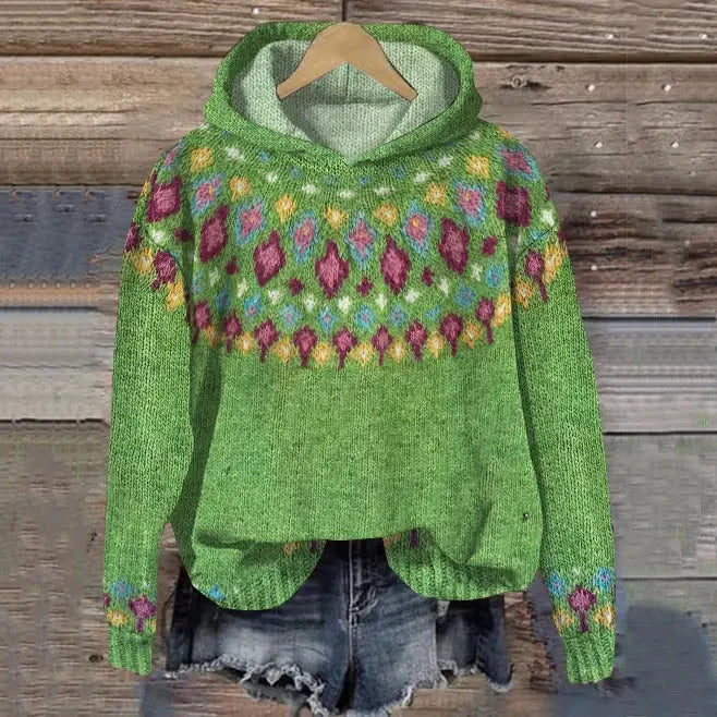 Women's oversized Fair Isle hoodie sweater with geometric print – Green