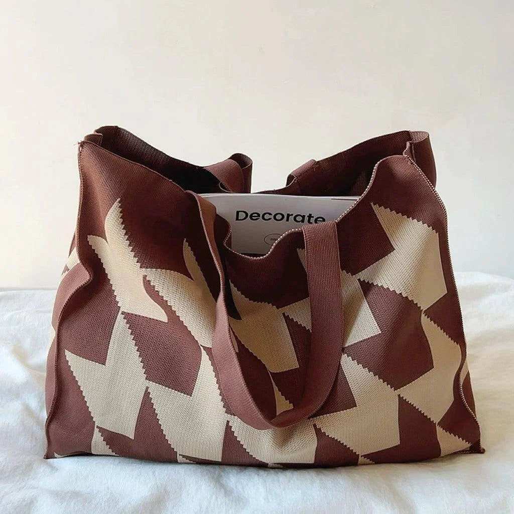 Women's oversized canvas tote bag with graphic print pattern – Brown
