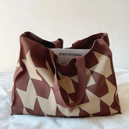 Women's oversized canvas tote bag with graphic print pattern – Brown