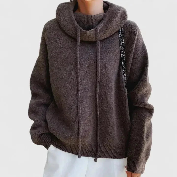 Women's oversized ribbed knit hoodie with dropped shoulders – Brown