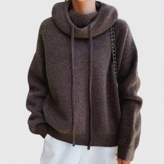 Women's oversized ribbed knit hoodie with dropped shoulders – Brown