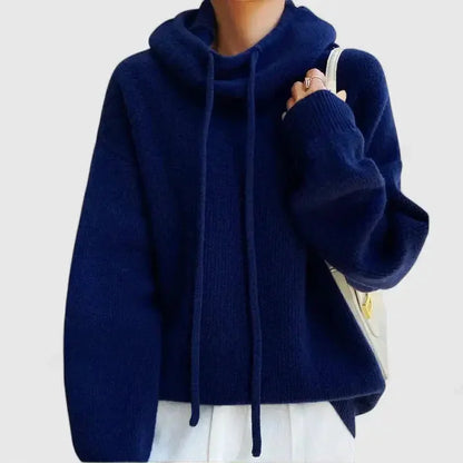 Women's oversized ribbed knit hoodie with dropped shoulders – Dark Blue