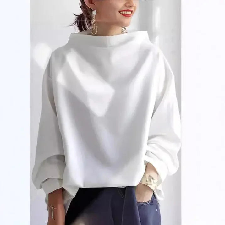 Women's oversized roll-neck knit sweater with relaxed fit – White