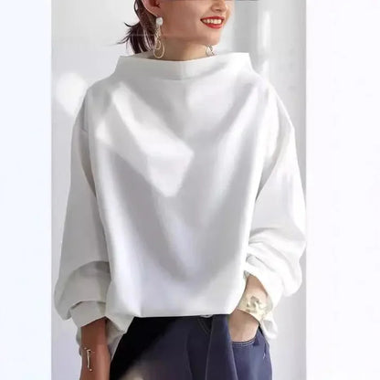 Women's oversized roll-neck knit sweater with relaxed fit – White