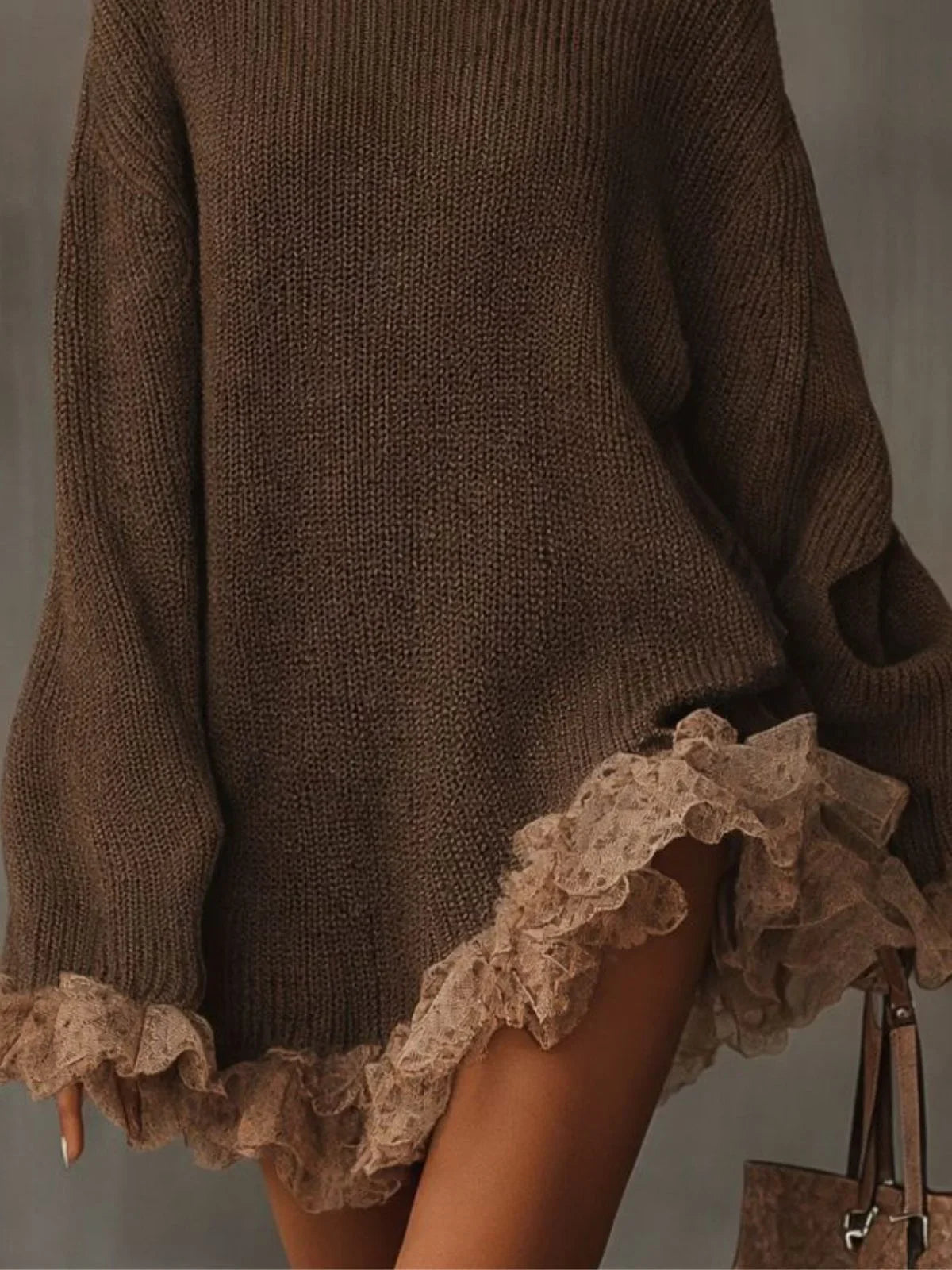 Women's oversized turtleneck sweater dress with ruffled hem – Brown