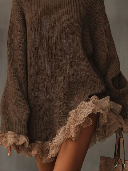 Women's oversized turtleneck sweater dress with ruffled hem – Brown