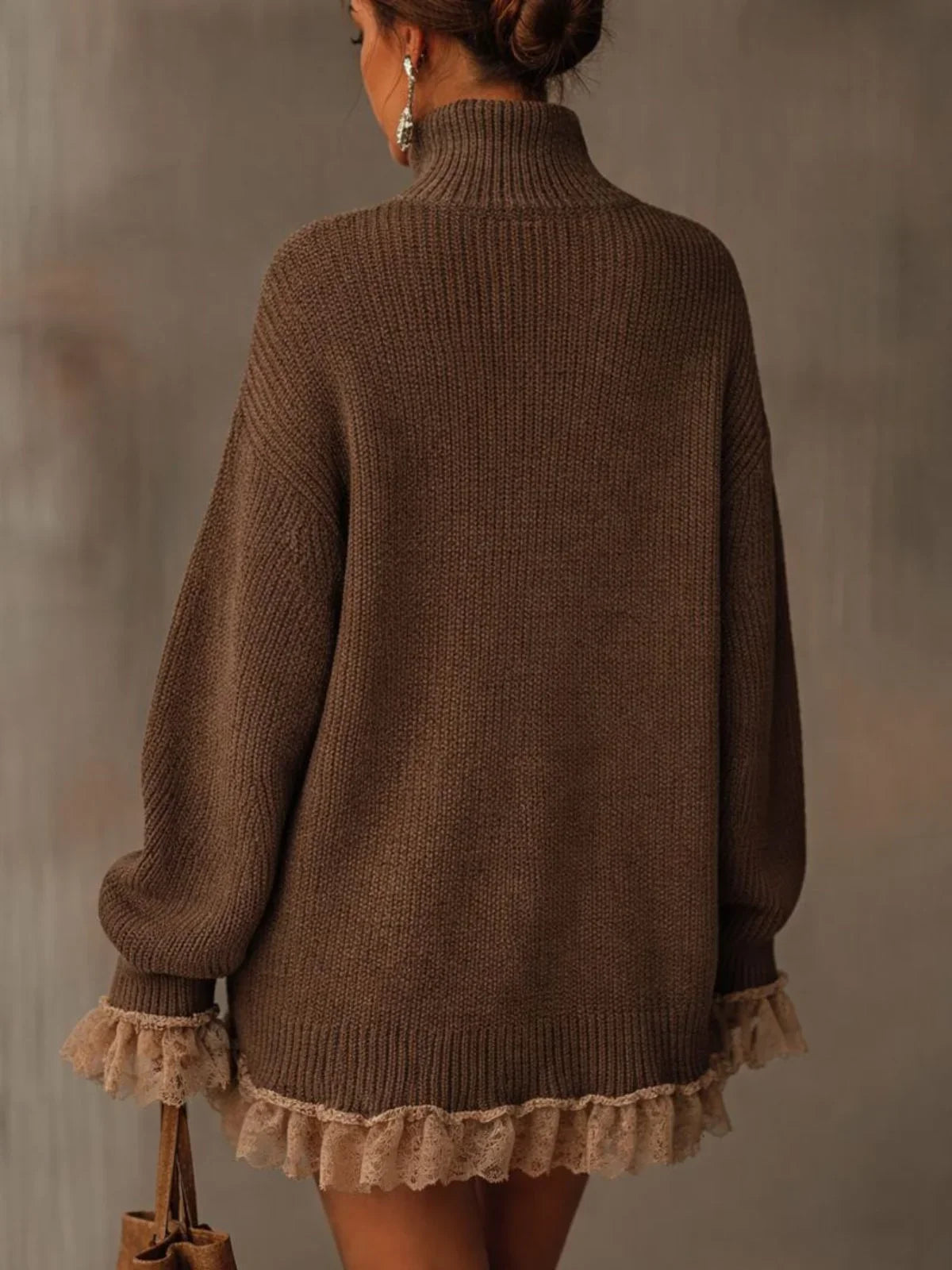 Women's oversized turtleneck sweater dress with ruffled hem – Brown
