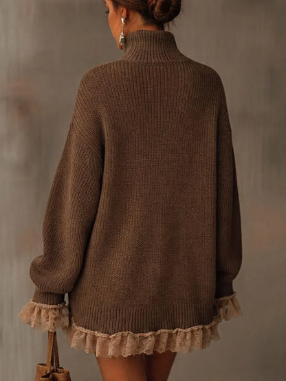 Women's oversized turtleneck sweater dress with ruffled hem – Brown
