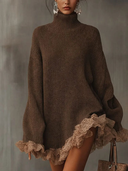 Women's oversized turtleneck sweater dress with ruffled hem – Brown