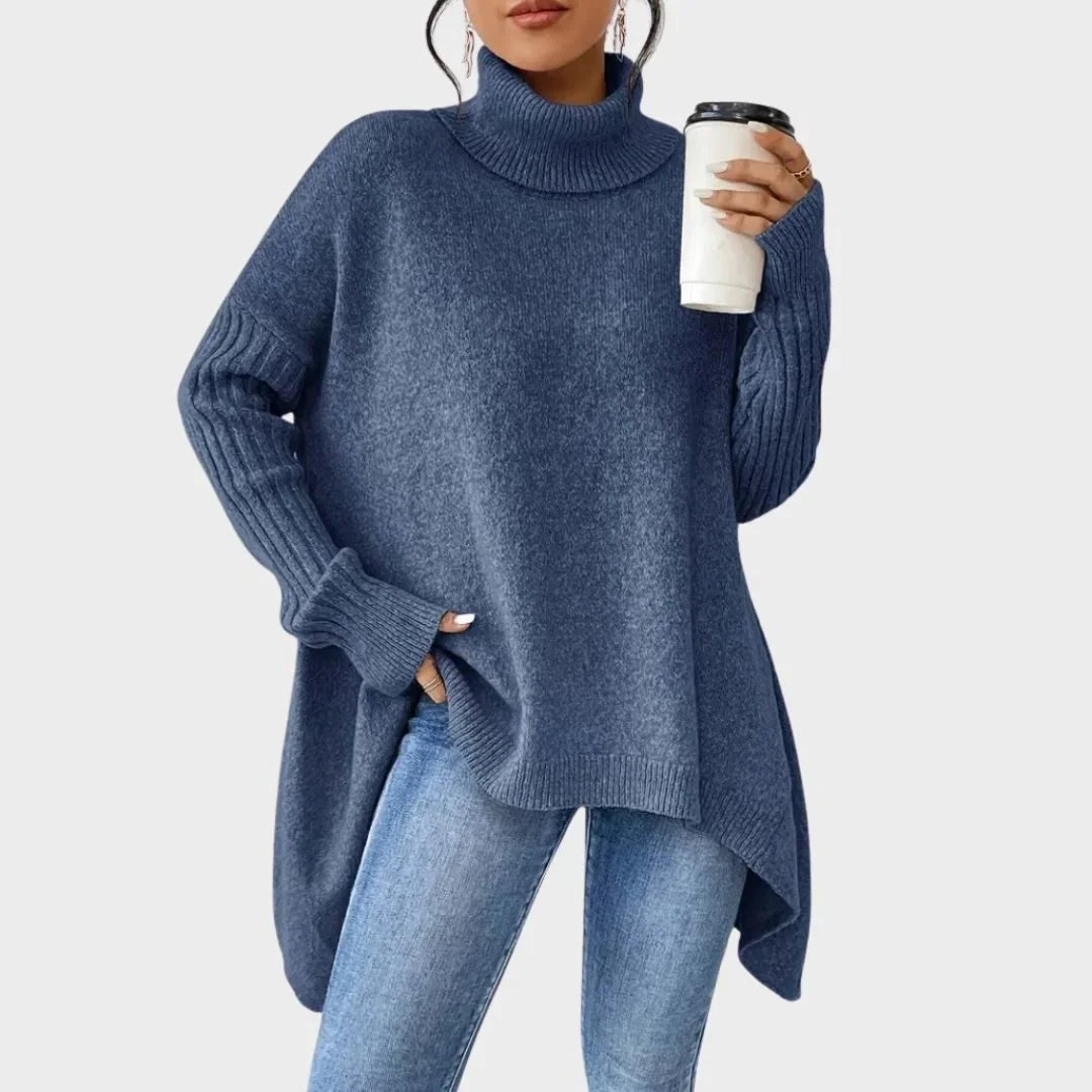 Women's oversized turtleneck sweater with asymmetrical hem