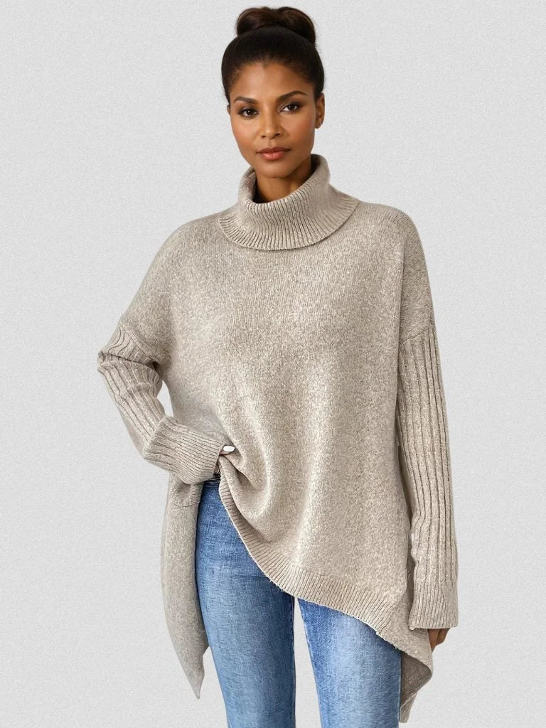 Women's oversized turtleneck sweater with asymmetrical hem – Beige