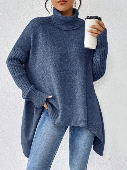 Women's oversized turtleneck sweater with asymmetrical hem – Blue