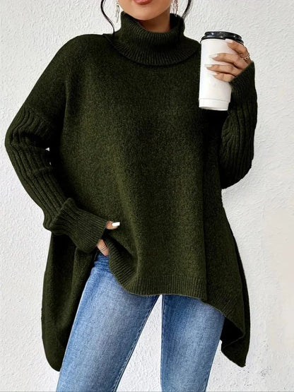 Women's oversized turtleneck sweater with asymmetrical hem – Dark Green