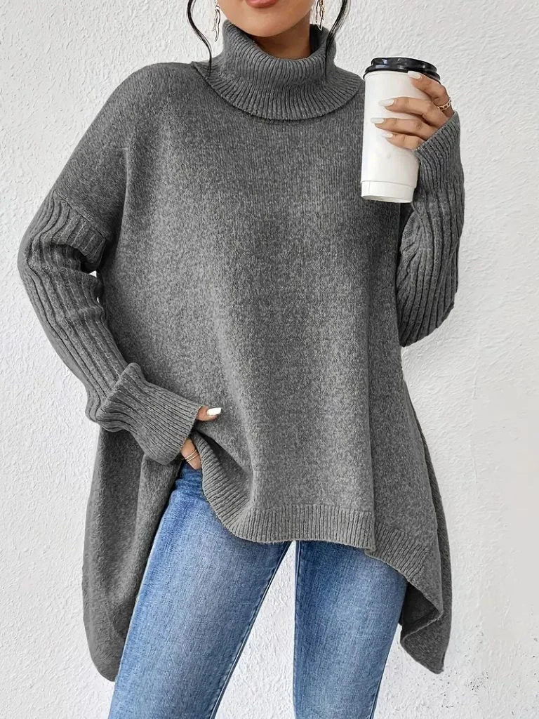 Women's oversized turtleneck sweater with asymmetrical hem – Gray