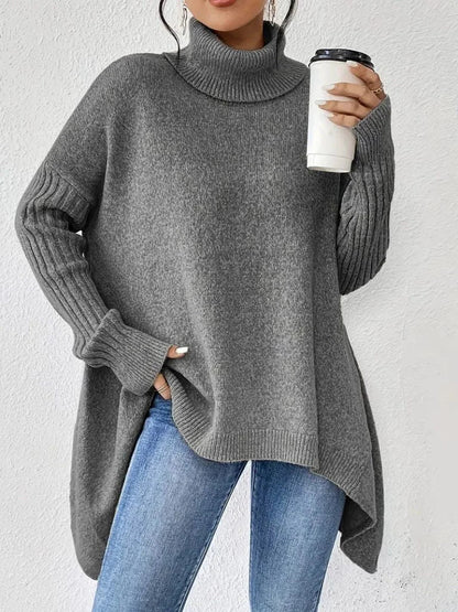 Women's oversized turtleneck sweater with asymmetrical hem – Gray