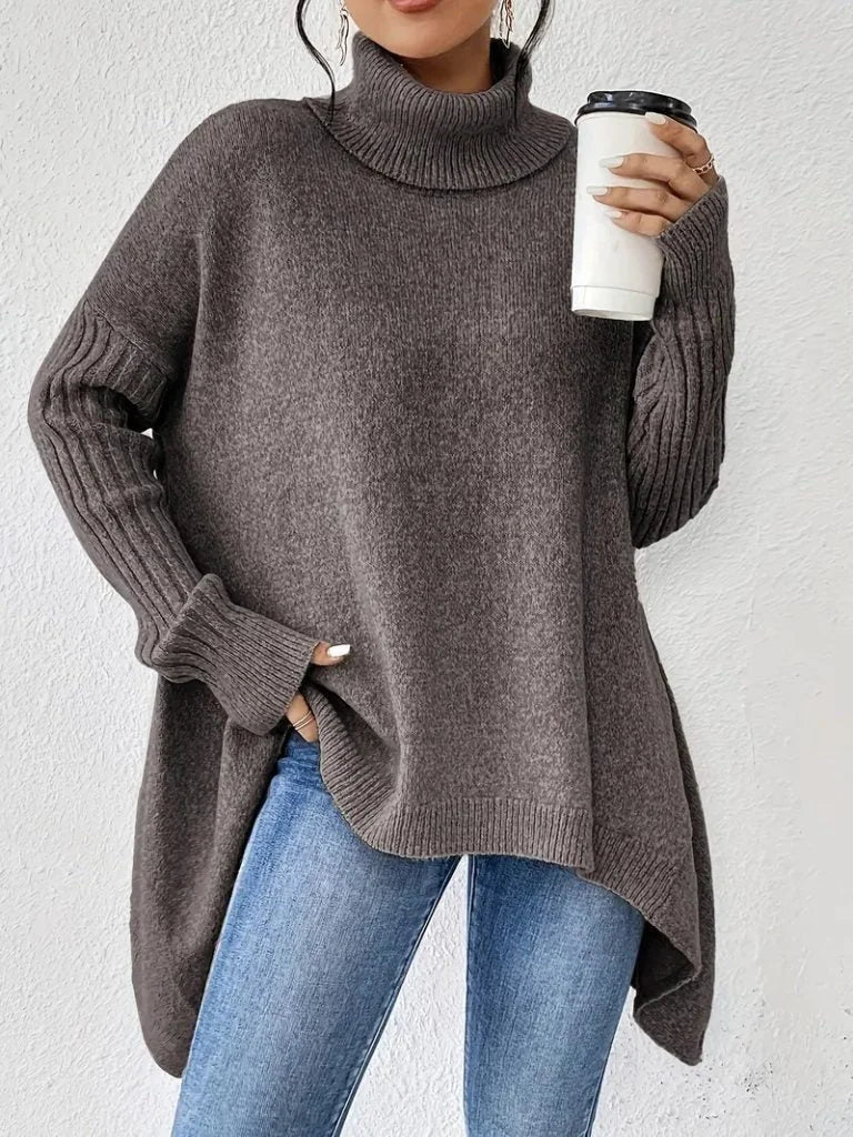 Women's oversized turtleneck sweater with asymmetrical hem – Taupe