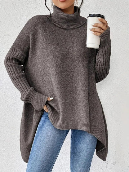 Women's oversized turtleneck sweater with asymmetrical hem – Taupe