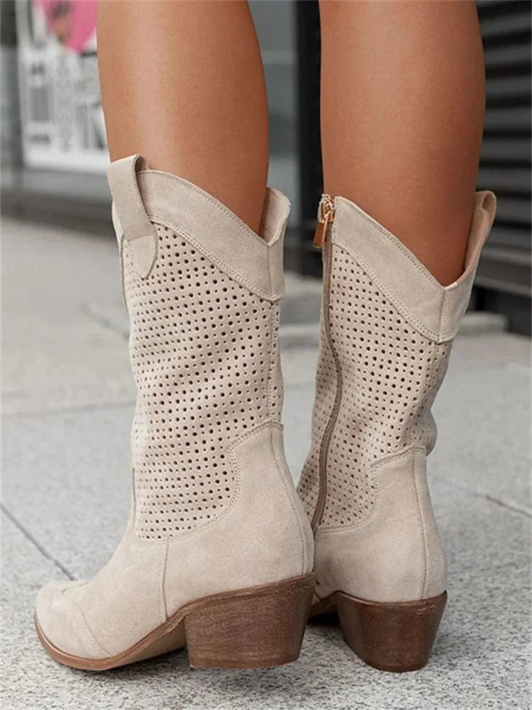 Women's perforated suede cowboy boots with block heel