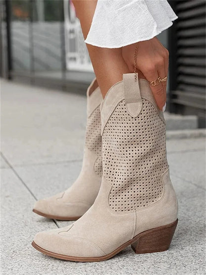 Women's perforated suede cowboy boots with block heel