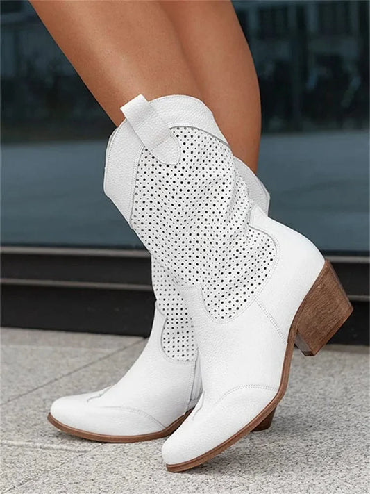 Women's perforated suede cowboy boots with block heel
