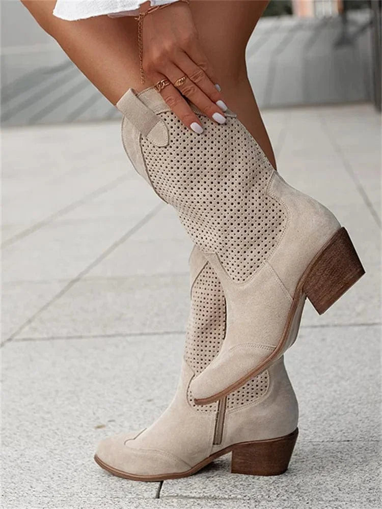 Women's perforated suede cowboy boots with block heel