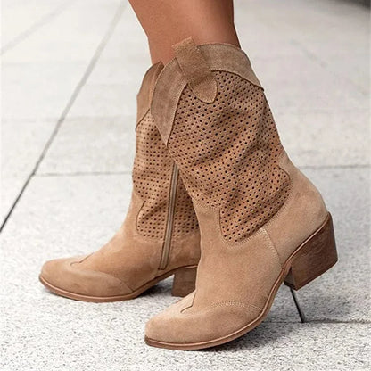 Women's perforated suede cowboy boots with block heel