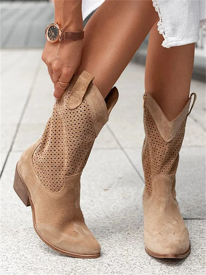 Women's perforated suede cowboy boots with block heel