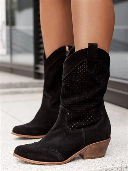 Women's perforated suede cowboy boots with block heel – Black