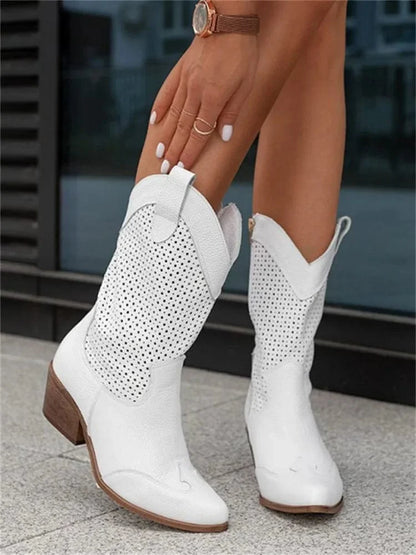 Women's perforated suede cowboy boots with block heel – White